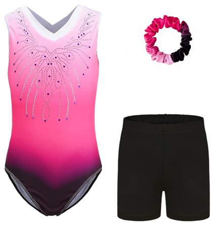Wuchxiaen Gymnastics Leotards for Girls Set, Three-Piece Leotard with Shorts Hairband, Gradient Dance Unitards Biketards Outfit (Hot Pink, Tag 8A(7-8 Years))