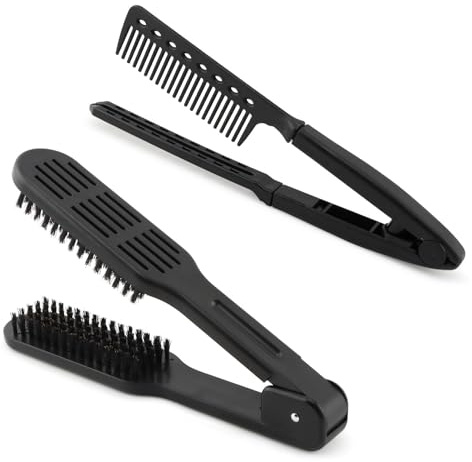 2pcs Boar Bristle Hair Comb For Straightening, Hair Brush Straightener Detangler, Double Sided Clamp Brush and Flat Iron Comb for Straightening Knotty, Unkempt Hai-r(COLOR:Black)