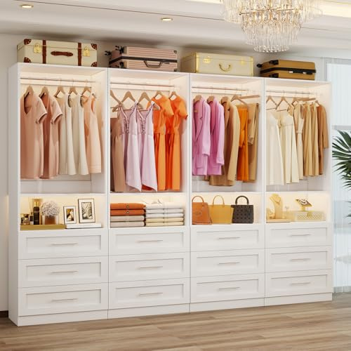 Closet System with 4 Sets, 8FT-21FT Customizable Closet Organizer System with 12 Drawers &4 Shelves & 8 Hanging Rods, Modular L-Shaped Walk-in Closet or Freestanding Closet Storage System Tower, White