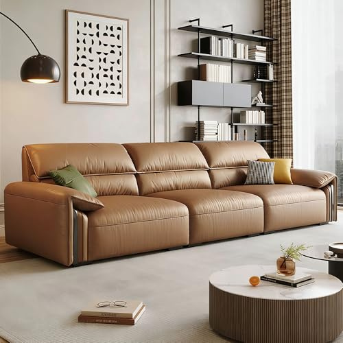 Nordisk italiensk enkel ljusbrun lädersoffa, rymlig och mjuk soffa med massiv träram, modern stor storlek, lämplig för vardagsrum/kontor/lägenhet.