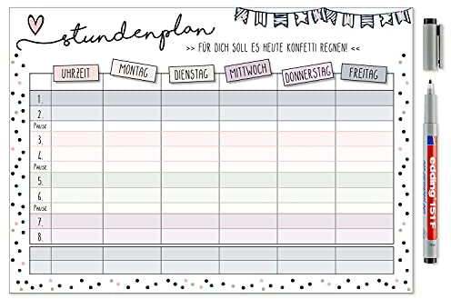 younikat Stundenplan abwischbar selbstklebend I Konfetti I inkl. Stift I wiederbeschreibbar I Schulanfang I dv548