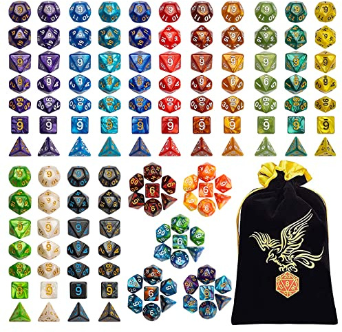 QMay 20 Sets Polyhedral Dice - 140 Pcs (20 X 7) DND Dice + 1 Large Dice Bag