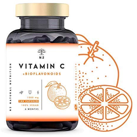 VITAMINA C 1000 mg ALTO DOSAGGIO + Bioflavonoidi - Naturale Vitamine C Complex Pura - Riduce la Stanchezza e la Fatica, Rafforza le Difese - Acido Ascorbico - 180 Capsule Vegano N2 Natural