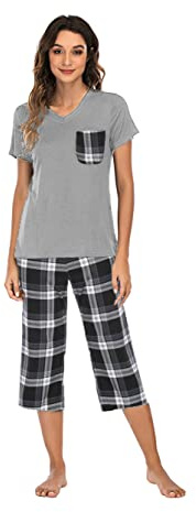 Famulily Ladies Pjs Pyjama Sets Floral V-Neck Short Sleeve Sleep Tee and Comfort Wide Leg Cropped Pant 2 Pieces Dark Grey L