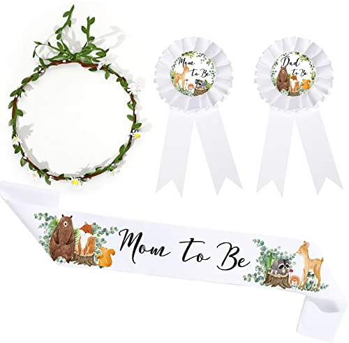 4 Piezas Set de Fajas de Mom to Be de Baby Shower de Bosque Ramilletes de Mamá y Papá para Ser con Corona de Hoja de Salvia Verde Recuerdos de Fiesta de Revelación de Género (Flor Blanca)