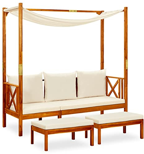 MOONAIRY Gartenbank mit Sonnendach und Fußhockern, Outer Banks, Parkbank, Garten Bank Für Draussen, Garten Sitzbank, Friesenbank, Gartenmöbel, Massivholz Akazie