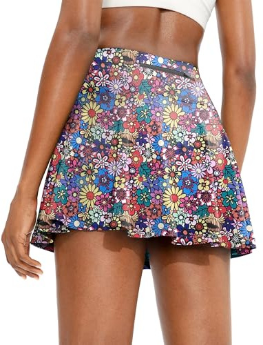 Timuspo Jupe plissée de tennis pour femmes avec pantalon intégré, jupe de sport à taille haute avec poches, parfaite pour les sports d'été, la randonnée, la course à pied, Fleurs multicolores., XL