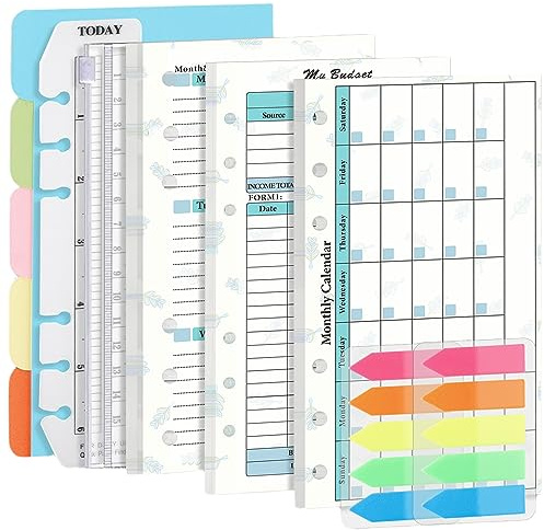 A6 Budget Planner Refill Set, Prefdo 82 Sheets Weekly Planner Monthly Calendar Inserts 6-Hole Budget Planner with Binder Pocket, Paper Divider, Ruler, Index Tabs (Set 3)