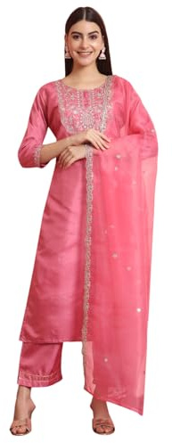 VredeVogel Women's Silk Blend Embroidered Kurta with Pant & Dupatta Set (Pink_Large)