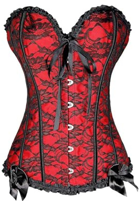 HEZEHAI Corset Tops for Women, Plus Size Women Floral Lace Corsets Pleated Trim Overbust Waist Sexy Lingerie(Red,XXL), XX-Large