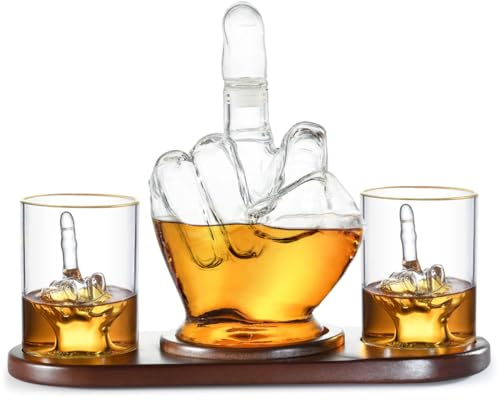 RUGLUSH Middle Finger Whiskey Decanter Set - Wine Container & Middle Finger Glasses for Scotch, Tequila, Brandy, Rum, Bourbon & Alcoholic Drinks - Gift Accessories for Men, Dads, Boyfriends