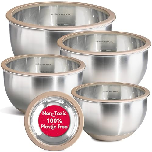 Ziruma Non-Toxic Mixing Bowls with Lids Set, Stainless Steel & Glass, 5 Pcs Plastic Free Bowls with Silicone Non-Slip Base, Dishwasher Safe Mixing Bowl Set