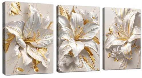 WENGTIAO Set of 3 White Gold Lilies Flowers Canvas Wall Art Prints Framed Pictures Minimalist Abstract Beige Floral Painting on Canvas Living Room Bedroom Home Wall Decor Ready to Hang 30x40cmx3