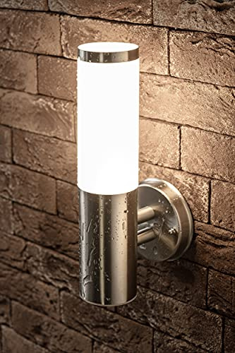 JungesLicht Außenlampe Edelstahl Wandleuchte 33cm, Ø76mm, E27 Fassung/Sockel, IP54 Wetterfest, 230Volt Aussenleuchte, Fassadenleuchte, Wandlampe, Aussenbeleuchtung, Outdoor, ohne LED Leuchtmittel
