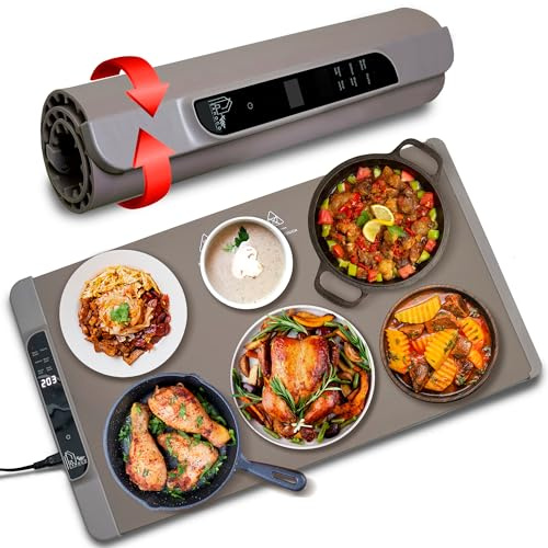 Food Warming Mat - Fast Heating Silicone Electric Tray with 4-Level Temp, Raised Feet Protect Table, Roll-Up Buffet Heat Pad, Portable Hot Plate for Home, Travel, Parties, Catering (Warm Gray)
