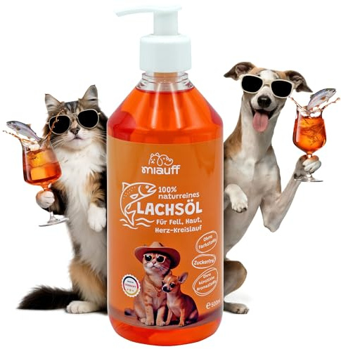 Miauff Huile de saumon pour chiens et chats - Huile de poisson avec acides gras oméga-3 et -6 (EPA & DHA) - Soutien pour la peau, le pelage et la vitalité (500 ml)