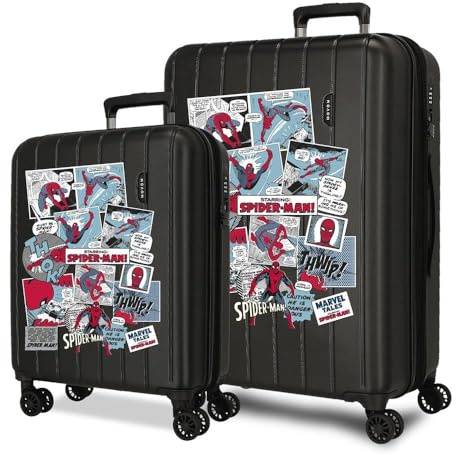 Joumma Marvel Spiderman-Comic-Koffer-Set, Schwarz, 55/65 cm, 6,8 kg, TSA-Verschluss, ABS, 6,8 kg, 109 l, ausziehbar, Handgepäck