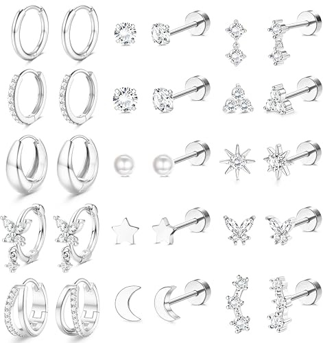 Dochais 15 Pares Pendientes Aro Mujer Acero Quirúrgico Pendiente Chapado | Oro 14K Hipoalergénico Botón Con Parte Trasera Plana Conjuntos de Pendientes Para Múltiples Piercings Oro Plata