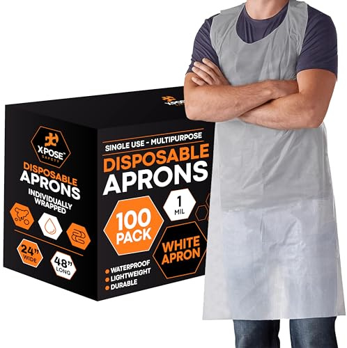 Xpose Safety 100 White Plastic Disposable Aprons for Cooking & more Individually Packaged, Durable 1 Mil Waterproof Polyethylene 24 x 48