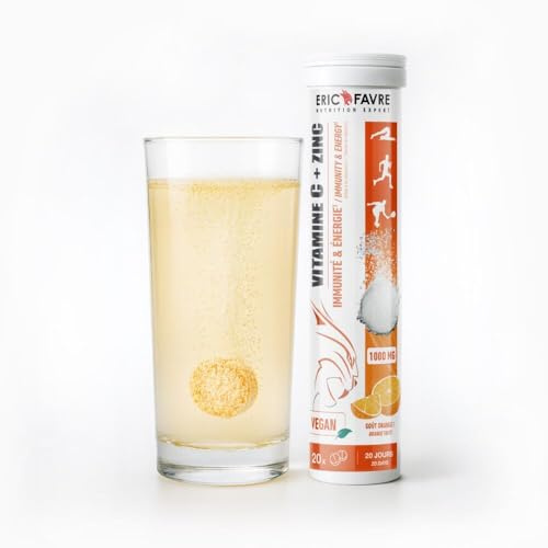 VITAMINE C EFFERVESCENTE - Énergie, Boost Immédiat, Immunité Renforcée, Enrichie en Zinc - Tonus et Vitalité Retrouvés - Tube de 20 Comprimés Effervescents à l'Orange - Eric Favre