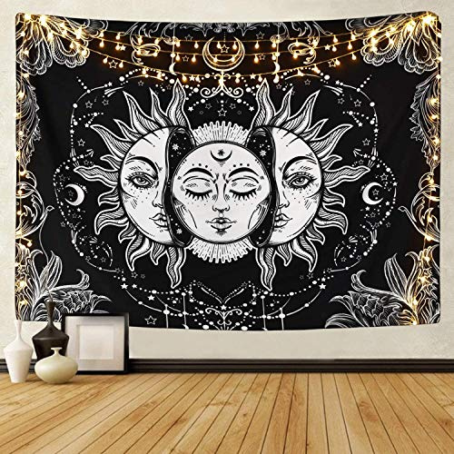 Rui Xin Trade Sun and Moon Tapestry Burning Sun with Star Psychedelic Black and White Hippie Wall Hanging for Home Bedroom (51.2 * 59.1 inches/130 * 150cm)