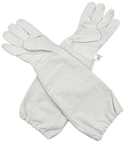 Beekeeping Gloves goatskin gloves A Pair of Sting Proof Cuffs Ventilated Sleeves Universal Model Beekeeper Gloves Leather Bee Tools (Medium, White)