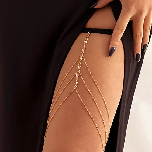 Bramian Sexy Multi-couche Cristal Jambe Chaîne Corps Bijoux Plage Jambe Chaîne Élastique Cuisse Chaîne Bikini Accessoires Corps Bijoux pour Femmes (B)