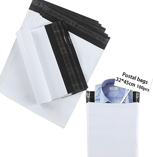 huruirui Enveloppe Plastique Expedition 32x45cm/100 Pièces Emballage Colis Vinted Plastiques Auto-Adhésive Inviolables et Imperméables Sacs d'expédition Pochette envoie colis vinted-Blanc