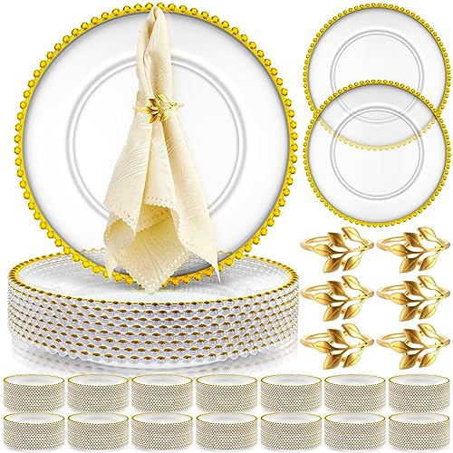 Bokon 50 Set Clear Charger Plates Bulk 13 Inch Beaded Plastic Charger Plates with Napkin Rings Acrylic Round Dinner Table Decorative Plates for Party Wedding Thanksgiving(Clear and Gold)