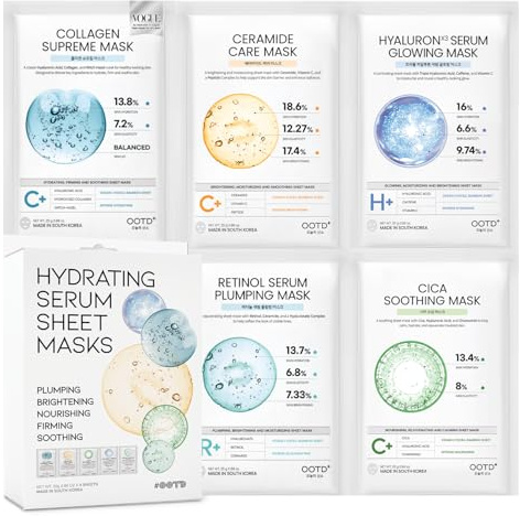 #OOTD Sheet Mask Kit with Collagen,Cica,Ceramide,Hyaluron,Retinol(5-Pack)