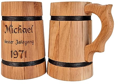 Personalisierter Hochwertiger schlanker Bierkrug Holzkrug aus geölter Eiche - rustikaler Humpen-Krug (Text)