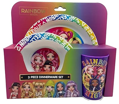 Rainbow High Kids 3 Piece Tableware Dinner Set with Dinner Plate, Bowl & Tumbler Cup | Reusable Plastic Dinner Set Dishwasher Safe Gift for