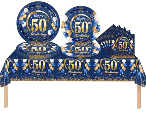 53 pezzi blu navy 50° compleanno festa decorazioni per lui tovaglia in plastica, piatti di carta da 20,1 cm, tovaglioli per uomini, tavolo di compleanno, feste, set da tavola per uomini adulti festa