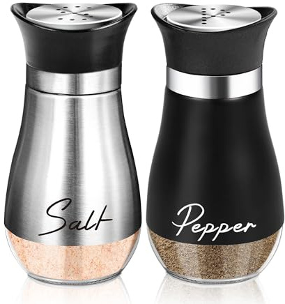 DOETYD 2 Pcs Salt and Pepper Shakers Set 130ml Stainless Steel Spice Dispenser with Clear Glass Bottom for Kitchen Restaurant Camping Dining, Black & Silver