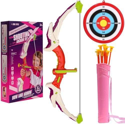 Arco y Flecha para Niños, Juego de Juguete con LED, 10 Flechas con Ventosas, Objetivo y Carcón, Juguete de Entrenamiento Interior y Exterior para Niños y Niñas (Rosa)