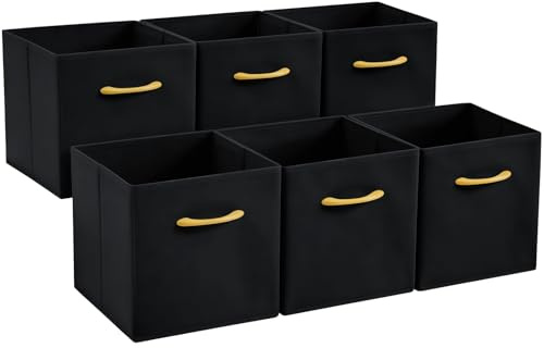 Collapsible Fabric Storage Cubes, Pack of 6 Foldable Boxes with Handles | Black 33 x 38 x 33 cm | Non-Woven Fabric | Open-Top Cube Shelf Baskets For Wardrobes, Toys, Clothes & Nursery
