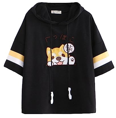 Camisetas Kawaii para mujer, lindas camisetas bordadas, con capucha, camisetas de manga corta, blusa, Negro, talla única