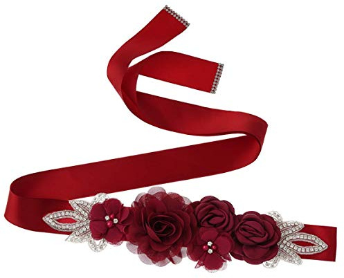 Lauthen.S Ceinture avec fleurs et perles strass pour robe de mariée/fête prénatale, rouge vin, taille unique