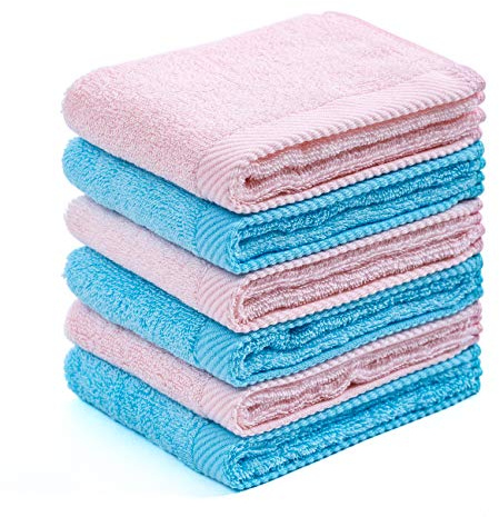 Mother-Earth 6-Pack Bath Washcloths 12x12 - Soft and Absorbent Face Towels, Quick-Drying Wash Cloths for Sensitive Skin, Premium Quality for Daily Use (Blue-Pink)