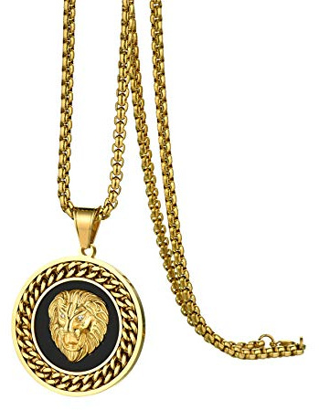 Flongo Herren Halskette Medaillon mit Löwe Kopf Anhänger Gold Löwenkopf Kette Hip Hop Biker für Männer Herren Accessoires