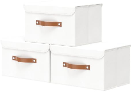 OUTBROS Cajas Almacenaje Lavable Plegable, Cesta de Tela, Juegos de Organizadoras con Tapa y Asa, Cubos de Almacenamiento, Contenedores de Tela para Ropa, 33 x 23 x 20 cm, 3 unidades, Blanco