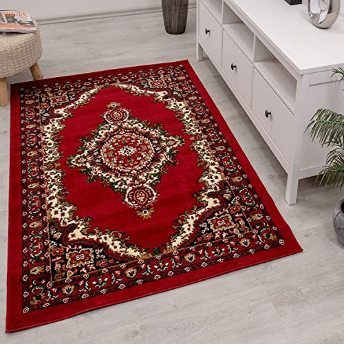 Orientalisk matta, röd, beige, grå, svart, klassisk, tätt vävd med ornament och blommotiv, färg: R8757, mått: 200 x 290 cm