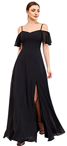 Ever-Pretty Abito da Sera e Cerimonia d'Onore Lunghi in Chiffon con dalla Spalla in Stile Impero a Maniche Corte da Donna con Spacco Laterale Nero 48