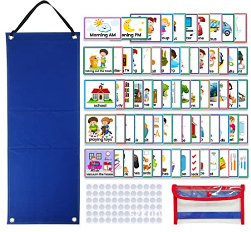 Hilai Matériel éducatif de la Petite enfance, horaires visuels du Tableau de Routine Quotidienne Cartes calendriers Enfants Calendrier Quotidien Tableau de corvée pour Enfants Bleu