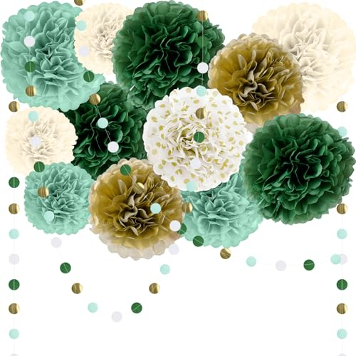 VORHOT Pompons Deko Hochzeit, 15 Stück Pompom Girlande Grün mit 3m Girlande, Seidenpapier Pompons Deko, Deko Hochzeit Vintage Oompons für Hochzeit, Geburtstag, Vintage-Partys