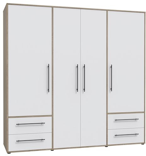 Forte Jupiter Armoire 200 210 à 4 Portes battantes avec 4 tiroirs et étagères Blanc avec décor en Bois chêne Sonoma 206 x 59 x 200 cm