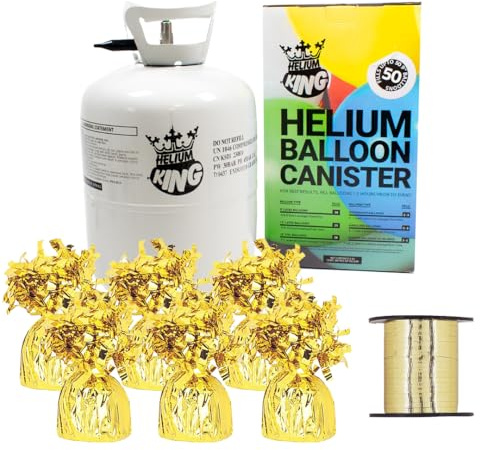 Large Helium Canister with Curling Ribbon and 6 Bright Gold Foil Balloon Weights