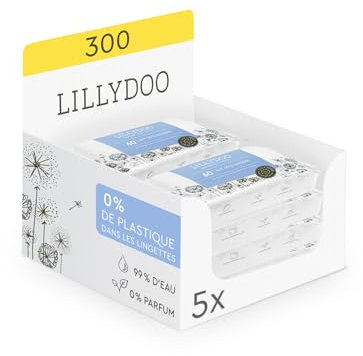 LILLYDOO Baby Feuchttücher mit 99% Wasser, 300 Stück (5 x 60), 100% plastikfreies Tuch, ohne Parfüme & mild wie Watte und Wasser