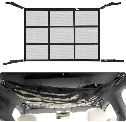 QWORK® Car Luggage Net for Storage, 90 x 65 cm Large Double Layer Car Roof Organizer Made of Mesh, Polyester, for SUVs, Jeeps and Motorhomes