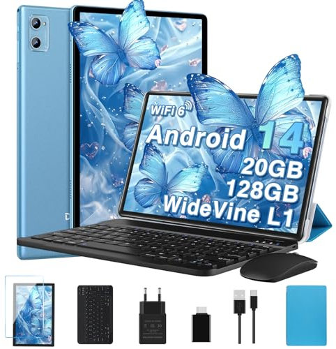 Tablette Android 14 Tablette 10 Pouces avec 20Go RAM+128Go ROM(TF/2To),Octa-Core, WiFi 6, 5G+2.4G WiFi, BT 5.0, GMS Certified, Widevine L1,Tablette Tactile 2 en 1 avec Clavier Souris et Cas-Bleu